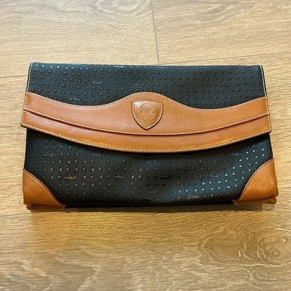 VINTAGE BLACK AND BROWN CLUTCH - Picture 1 of 6